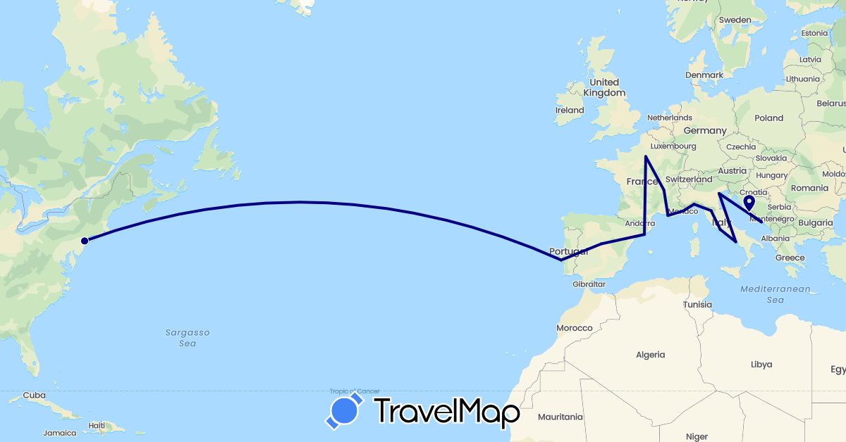 TravelMap itinerary: driving in Spain, France, Croatia, Italy, Monaco, Portugal, United States (Europe, North America)